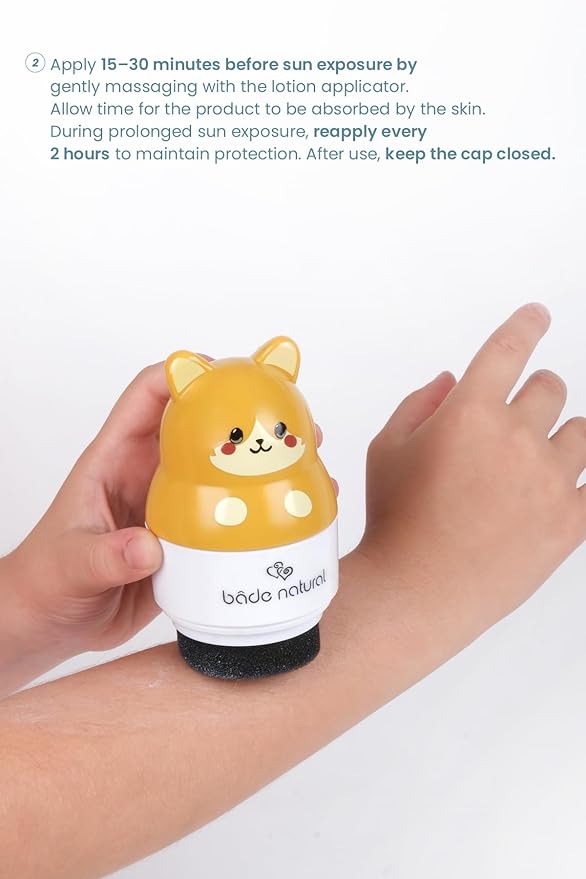 Bade Natural Refillable Bear-Shaped Sunscreen Applicator for Kids – 3.7 fl oz Roll-On Bottle – Empty, Reusable Dispenser for SPF Lotion – Soft Applicator Tip, Travel-Friendly