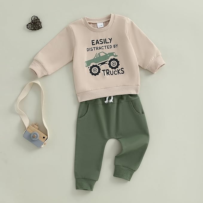 Toddler Baby Boy Fall Clothes 1T 2T 3T 4T 5T Winter Outfits Long Sleeve Trucks Sweatshirt Tops Jogger Pants Set