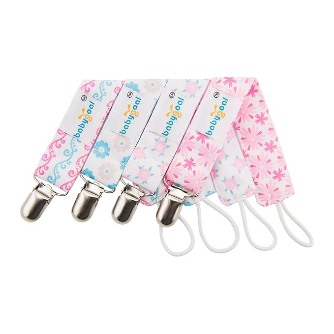 babygoal Baby Girl Pacifier Clips with Pacifier Case, 4 Pack Metal Clips for Boys and Girls Fits Most Pacifiers and Binkies 4MP04-HZ