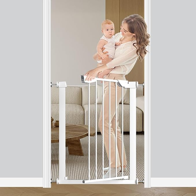 Fairy Baby Narrow Baby Gate for Stair, 22.8"-25.5" Wide Pressure Mounted Pet Gate for Doorway, Easy Walk Thru Child Safety Gate, White