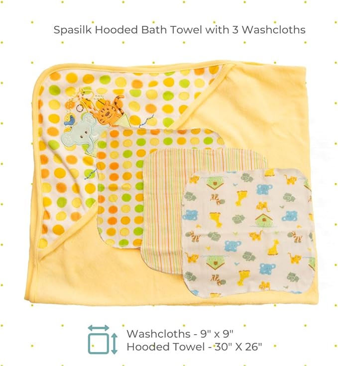 Spasilk Hooded Bath Towel and Washcloths Set for Newborns, 1 Soft Terry Baby Towel and 3 Baby Washcloths, Baby Essentials, Ideal, One Size, Yellow Ark