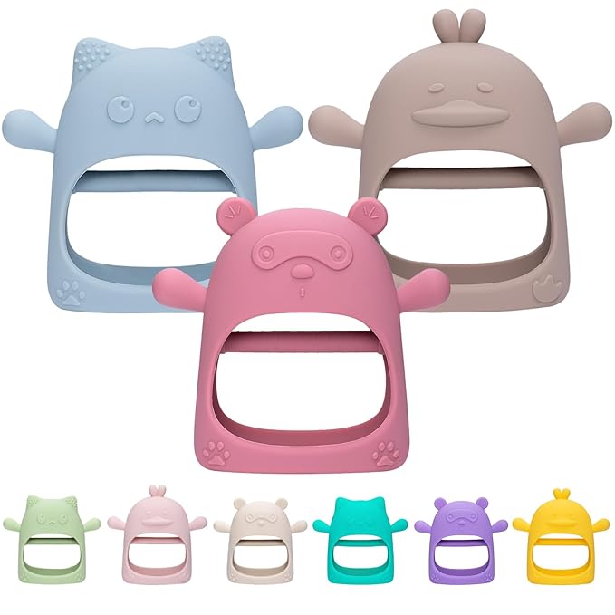 3 Pack Baby Teething Toy, Food Grade Silicone Baby Teething Mittens, Anti Drop Wrist Hand Teether Toys for 0-6 6-12 Months, Infant Chew Toys for Sucking Needs, BPA Free (Morandi)