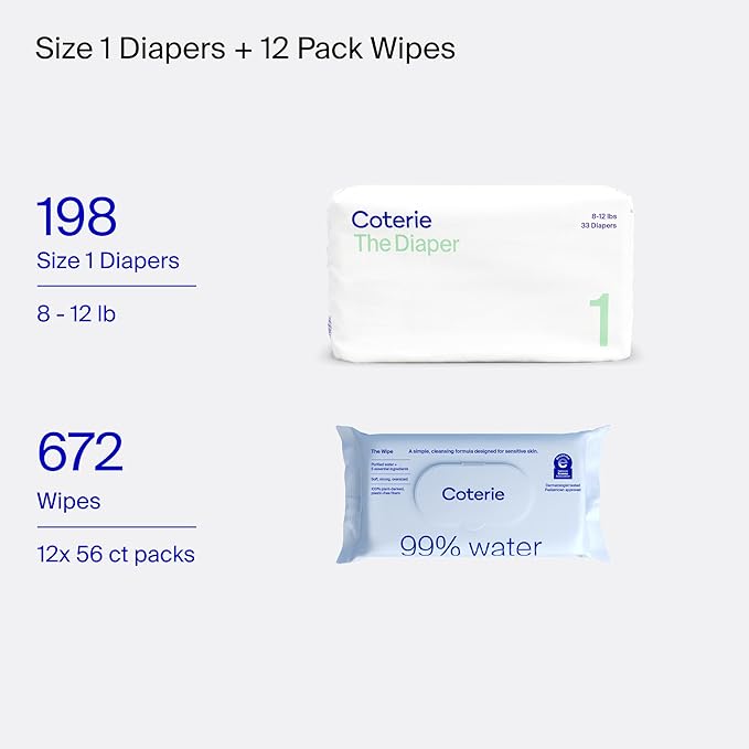 Coterie Baby Wipes + Diapers Kit, Size 1 Diapers (198 Count) & 12 Pack (672 Count) Baby Wipes with 99% Water, Plant Based Materials, Hypoallergenic for Sensitive Skin