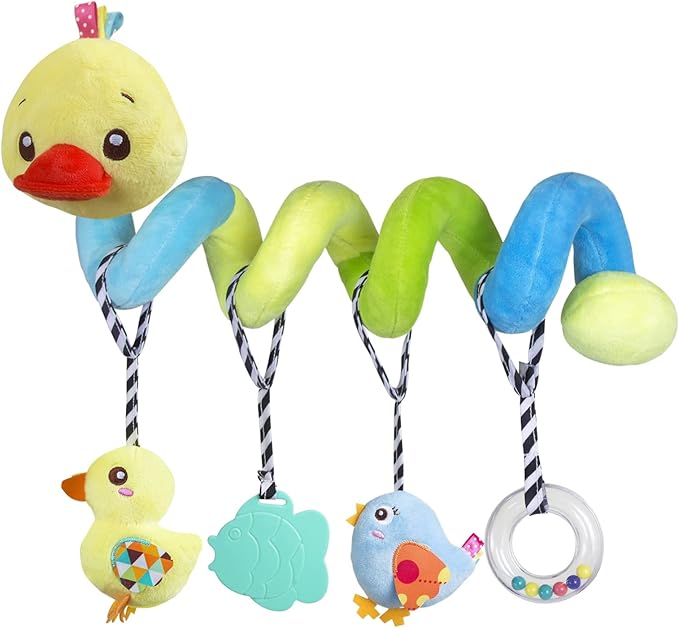Caterbee Baby car seat Toys, Activity Spiral hangings pram Toys, Plush Crib Toys with Squeaky for boy or Girl (Duck)