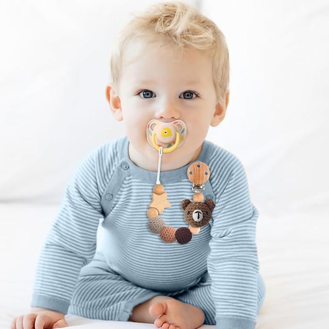 Pacifier Clip, Cute Animal Pacifier Holder Clip for Boys and Girls, Most Pacifiers, Baby Teethers, Baby Shower and Baby Essentials(Bear)