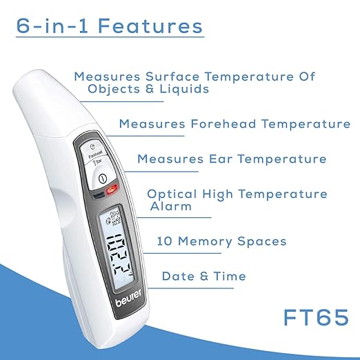 Beurer FT65 Multifunction Infrared Thermometer, 3-in-1 Infrared Thermometer for Adults and Kids, Adult Forehead Mode, Child Forehead Mode, Ear Mode, and Surface Mode, Color Changing Fever Indicator