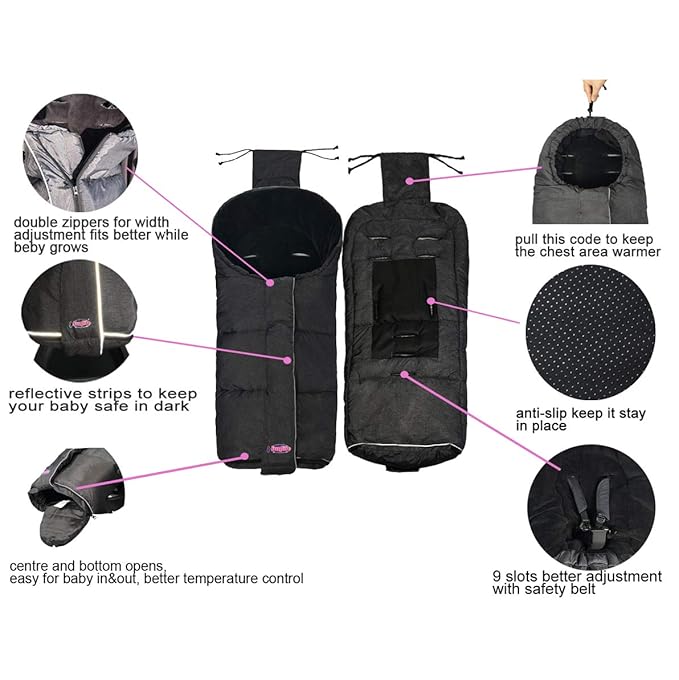 German Designed Winter Tour Waterproof Stroller Footmuff,Width Adjustable Design Fits Baby Grows Stroller Bunting Bag Toddler 6-36M,Black