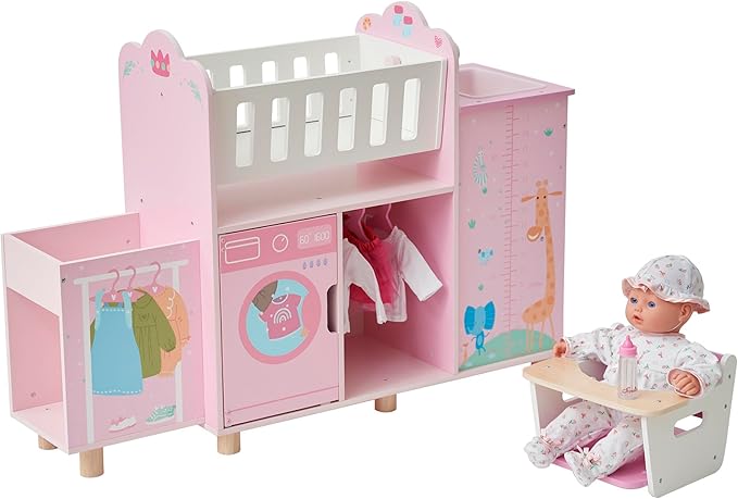Olivia's Little World 6-in-1 Wooden Baby Doll Nursery Set – Crib, High Chair, Changing Table, Doll Furniture for 16” Dolls – Baby Doll Accessories Playset for Girls Ages 3+, Pink