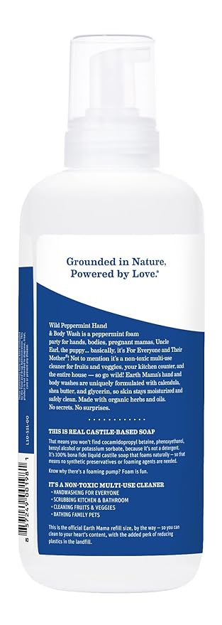 Earth Mama Wild Peppermint Hand & Body Wash | Foaming Castile Soap Liquid and Hand Soap, Made with Organic Wild Mint & Peppermint Oil, 34 fl oz (2-Pack)