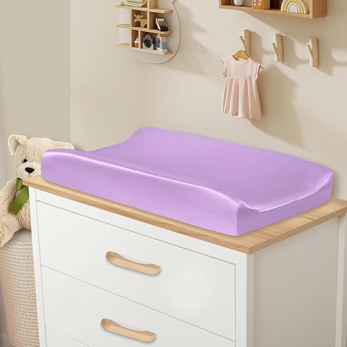 SiinvdaBZX 2 Pack Changing Pad Cover for Baby Girls Boys, Satin Silky Soft Changing Table Covers 32"x16"+5" Diaper Changing Pad Sheets, Pink & Lavender