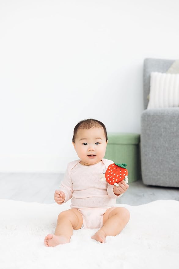 Pearhead Crinkle Plush Baby Teether, Adorable Strawberry Sensory Toy with BPA-Free Silicone Beaded Ring, Gentle Sound and Soft Fabric for Teething Pain Relief, Infant Rattle for Newborns 0+ Months