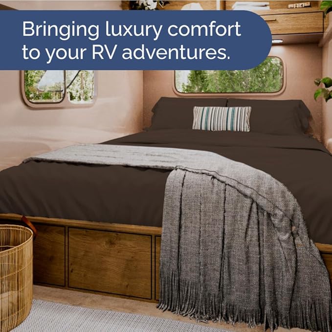 RV Short Queen Sheet Set 60 X 75 - 4 Piece RV Short Queen Bed Sheets - Soft, Breathable and Cooling - Designed for Bunks, Trailers & Campers - Fits 8” to 12" Mattress - Hotel Luxury Bedding - Brown