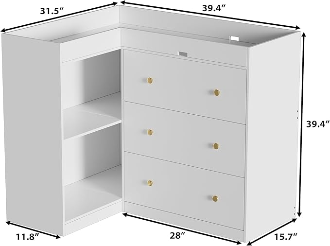 Corner Baby Changing Table Dresser,Dresser for Nursery with 3 Drawers and 2 Shelves,Multi-Functional Baby Changing Table,Changing Station Organizer for Bedroom,White