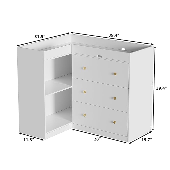 Modern Nursery Changing Table Dresser,Corner Baby Dressing Table with 5 Drawers,2 Open Storage Racks,Multi Functional Diaper Changing Station for Children's Rooms,for The Nursery, White