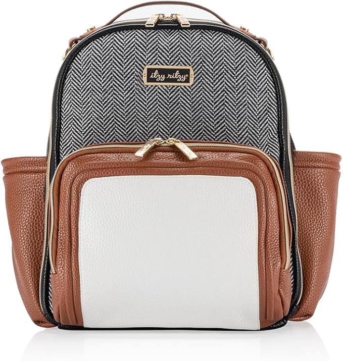 Itzy Ritzy Mini Diaper Bag Backpack – Chic, Compact Mini Plus Backpack with Changing Pad, 10 Pockets (6 Internal, 4 External), Grab-Top Handle & Rubber Feet (Coffee & Cream)