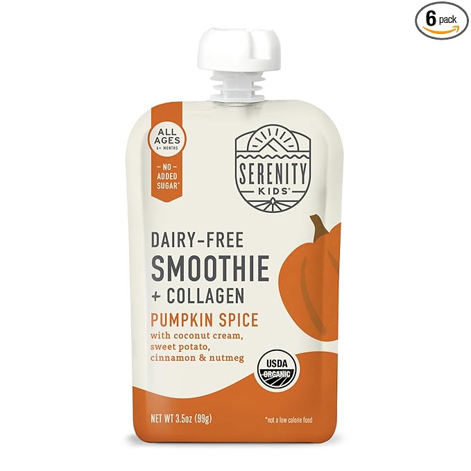 Serenity Kids 6+ Months Pumpkin Smoothie Baby Food Pouches - USDA Organic Pumpkin Spice Smoothie with Grass-Fed Collagen - No Added Sweeteners in Toddler Food - 3.5 Oz, 6 Pack