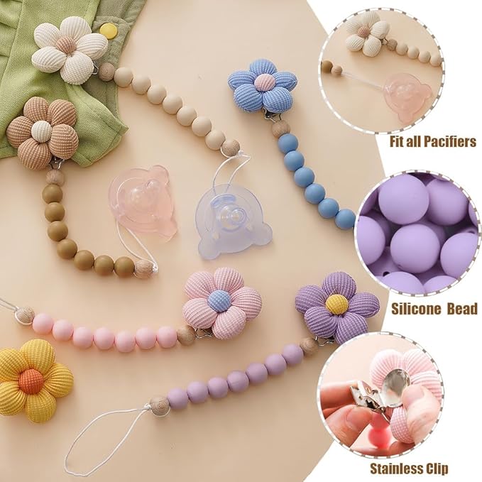 2pcs Flower Pacifier Clip, Silicone Bead Pacifier Clip for Baby Girls and Boys with Beige Brown Color Daisy Birthday Christmas Gift