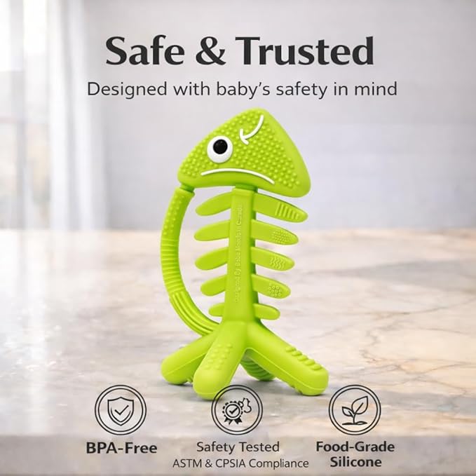 3 in 1 Infant Toys, Baby Teething Toys 3–6 6–12 Months, Teethers for Babies 0–3–6–12 Months for Teething Relief, Baby Gift, Baby Teether Toys, Silicone Sensory Toys, USA Patent Pending, Fish (Green)