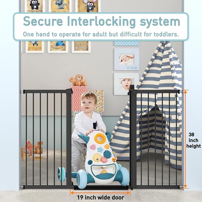 Fairy Baby 38" Extra Tall Baby Gate for Stairs & Doorway, 81.9"-84.6" Extra Wide Long Dog Pet Gate for House Indoor, Long Safety Child Gate No Drill, Metal Auto Close Walk Thru Swing Puppy Gate, Black