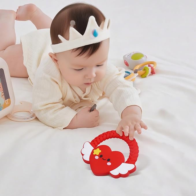 Silicone Baby Teether Ring Toy,Must Haves Teething Relief Chew Toys for 0-6,6-12 Months Boys and Girls,Newborns Essentials,Safe and Soft,BPA Free. (Red Heart)