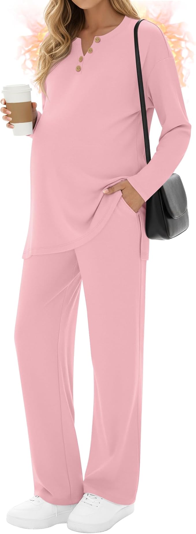 2 Piece Thermal Maternity Lounge Set Postpartum Pregnancy Fleece Loungewear Long Sleeve Top and Wide Leg Pant