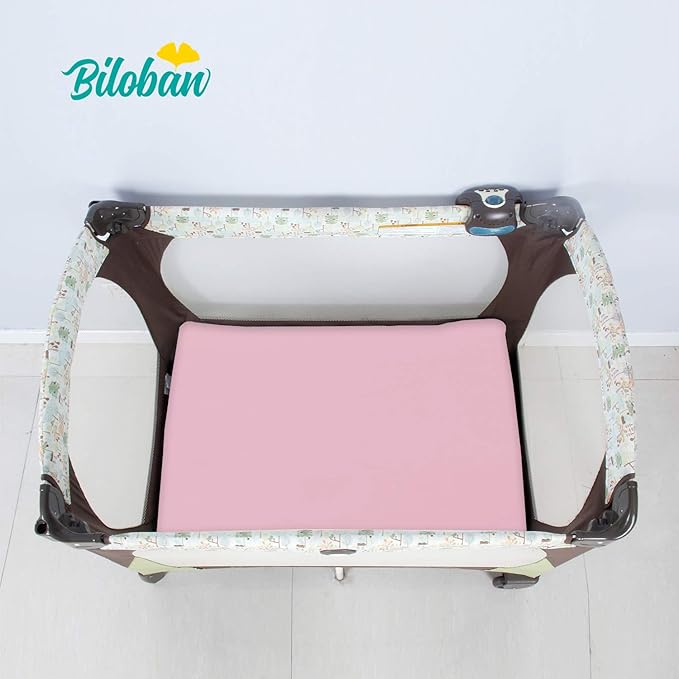 Biloban Pack and Play Sheets Fitted, 2 Pack Pack and Play Sheet Fits for Graco Pack n Play Mattress, Neutral Playard Sheets for Baby Boys and Girl, White & Pink