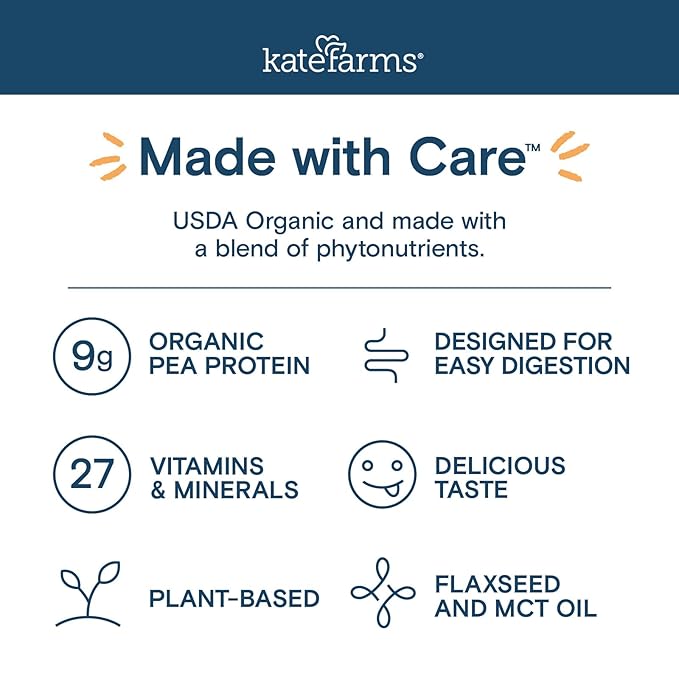 KATE FARMS Organic Pediatric Peptide 1.0 Formula, Vanilla, Sole-Source Hydrolyzed Plant-Based Nutrition for Oral or Tube Feeding, 8.45 oz (12 pack)