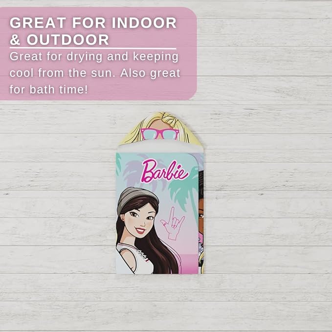 Barbie Bath/Pool/Beach Soft Cotton Terry Hooded Towel Wrap, 24 in x 50 in, By Franco Kids