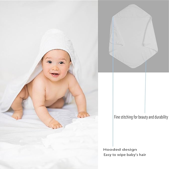 Baby Hooded Bath Towel 31.5"x31.5" Ultra Absorbent Soft Coral Fleece, for Newborn Infant Toddler Up to 3 Years, Unisex Bathrobe Blanket for Boys & Girls 2PCS(Snow-White)