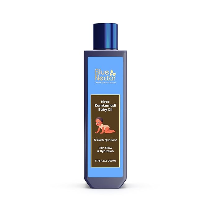Blue Nectar Baby Oil with Pure Kumkumadi Oil for Glow & Hydration | Ayurvedic Baby Massage Oil for New Born | 100% Natural & Safe Baby Product for Delicate Skin (17 Herbs, 6.76 Fl Oz)