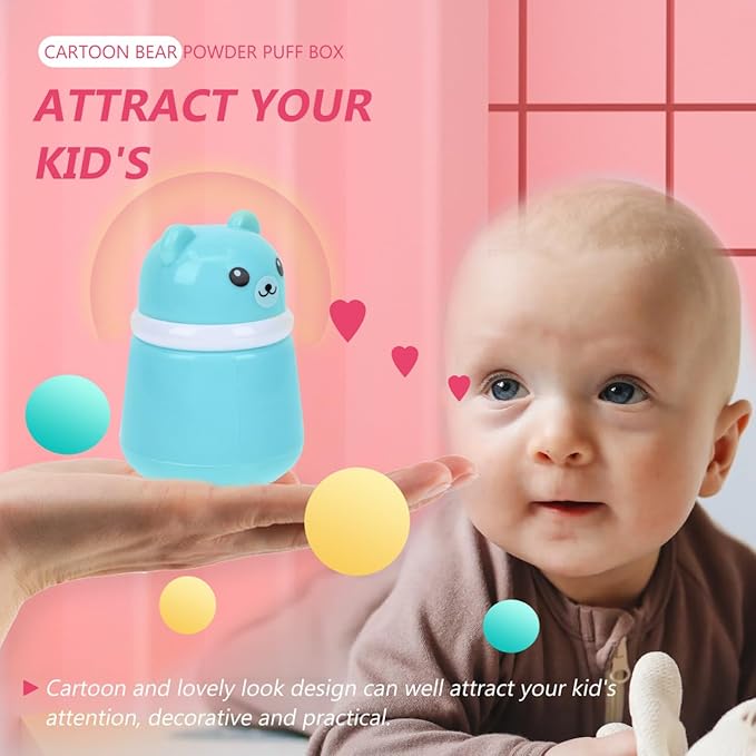 Cartoon Bear Baby Powder Puff Box Infant Talcum Powder Container with Puff Portable Loose Dispenser for Baby Skin Care 3.93X2.75X2.75In