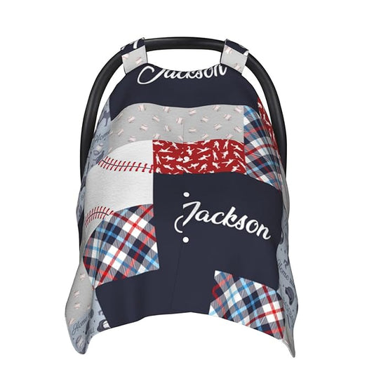 Personalized Baseball Baby Car Seat Canopy for Babies with Name, Custom Car Seat Covers Boys Girls, Peekaboo Opening Minky Nursing Breastfeeding Cover Infant Car Seat Canopies for Newborn