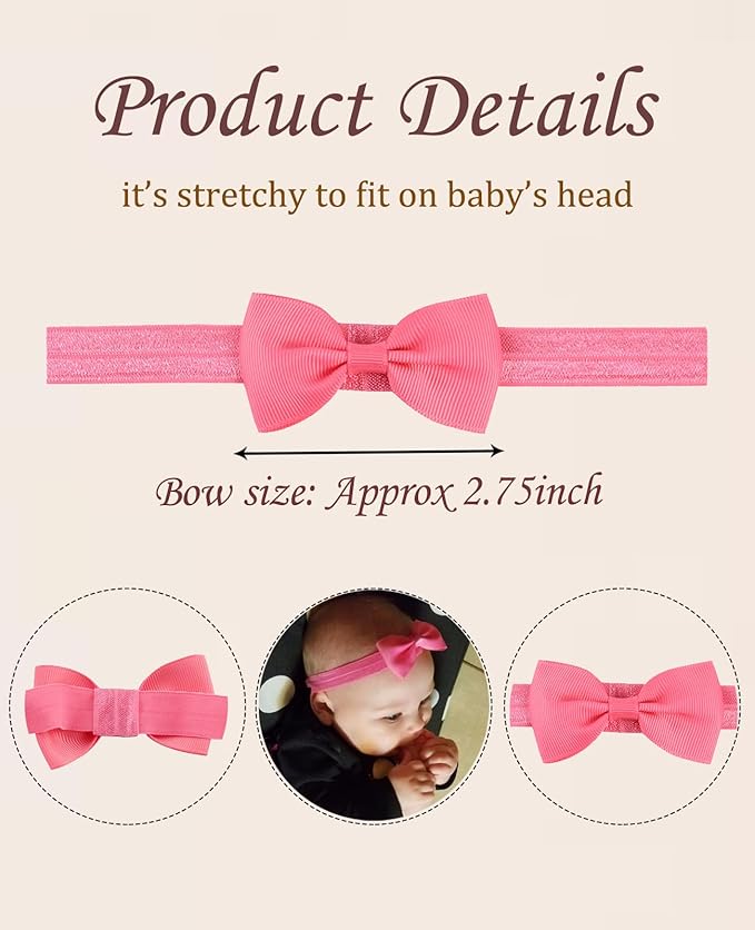 WillingTee 40 Colors Baby Girls Headbands Tiny Bows 2.75" Grosgrain Ribbon Hair Bow Hair Band Hair Accessories for Baby Girls Infants Toddlers Kids Newborns