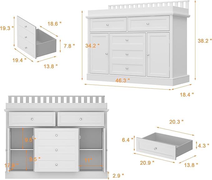 46“ Baby Dresser with Changing Table Top, White Dresser with Storage Drawers and Doors for Nursery, Multifunctional Nursery Baby Changing Table Dressers, Diaper Station Cabinet for Kids Room