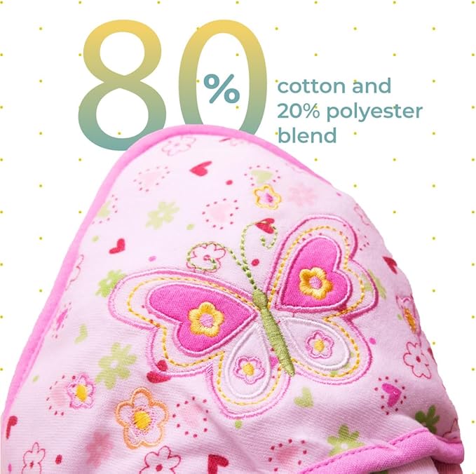 Spasilk Hooded Bath Towel and Washcloths Set for Newborns, 1 Soft Terry Baby Towel and 3 Baby Washcloths, Baby Essentials, Ideal, One Size, Pink Butterfly