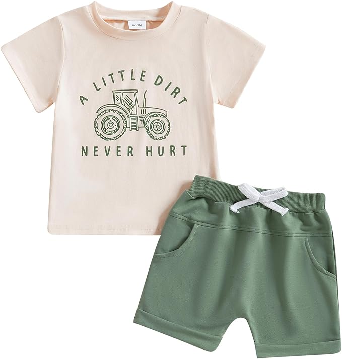 fhutpw Toddler Baby Boy Summer Clothes Tractor Letter Short Sleeve T-Shirt Tops Pockets Casual Shorts Set Infant Outfits