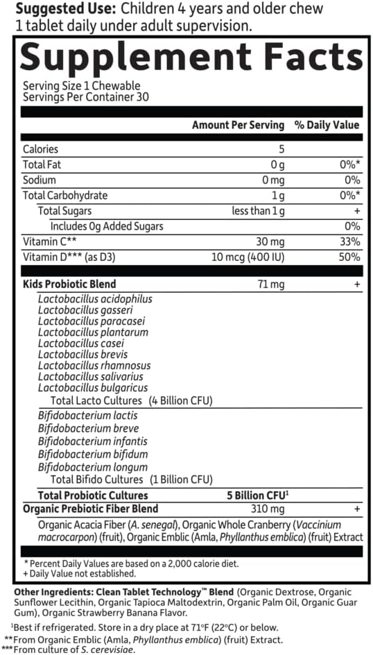 Garden of Life Dr. Formulated Probiotics Organic Kids+ - Digestive Health Support with Prebiotic Fiber & Vitamins C & D - Supports Immune Function - Strawberry Banana, 30 Yummy Chewables