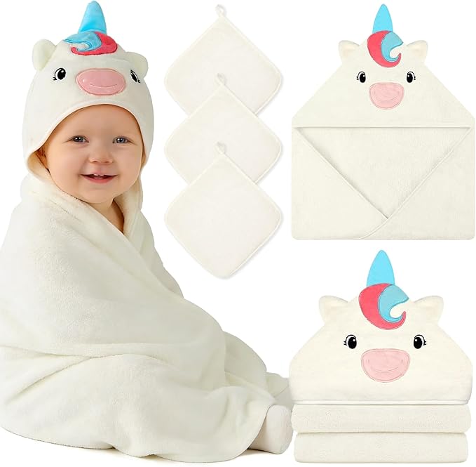 4 PCS Baby Towels Set, Soft Absorbent Baby Hooded Bath Towel, 1 Baby Towel and 3 Baby Washcloths for Newborns, Toddlers, and Kids, 32x32 inch Baby Towel for Boy and Girl (White Unicorn)