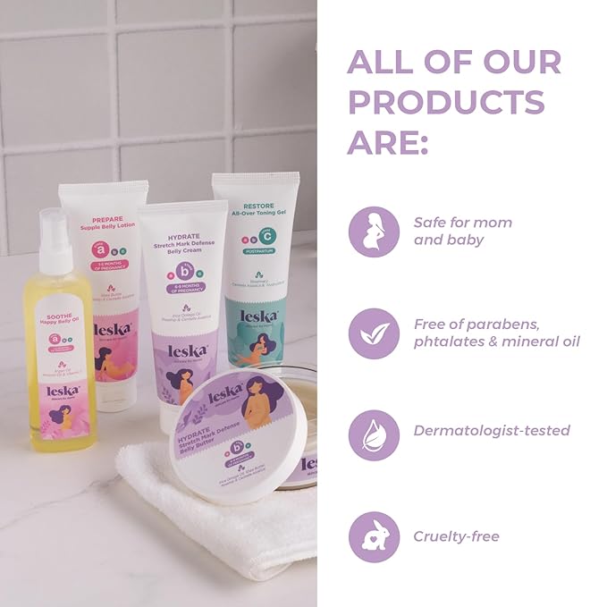Leska Maternity Set | Belly Lotion, Stretch Mark Defense Cream, All-Over Toning Gel | All Maternity Stages Skincare System for Pregnancy & Postpartum | New Mom Gifts (Set of 3, 4oz each)