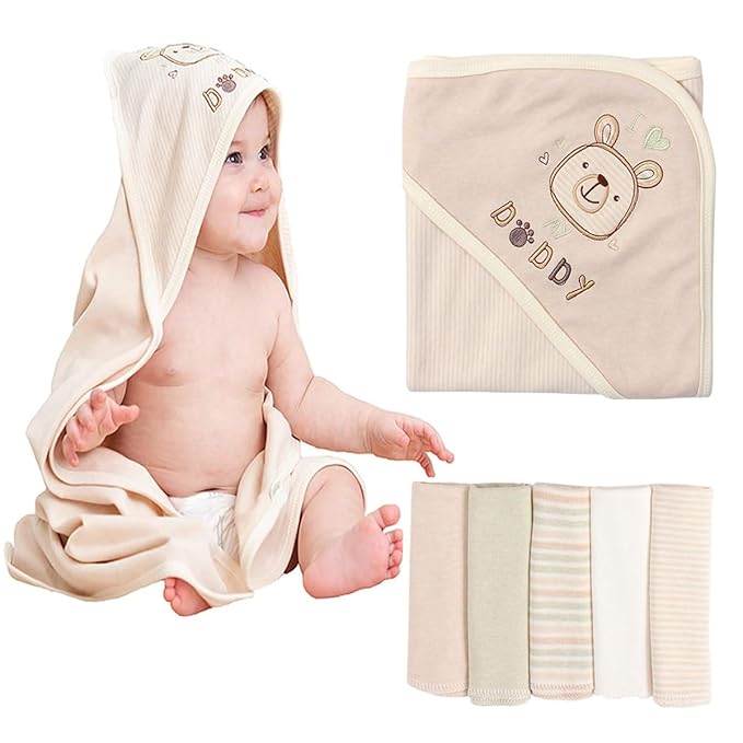 6-Pack Organic Cotton Baby Bath Set - Embroidered Hooded Towel & 5 Soft Washcloths, Ultra Soft Newborn, Toddlers, Registry Gift for Boys & Girls, Brown 37.5 x 37.5 Inches