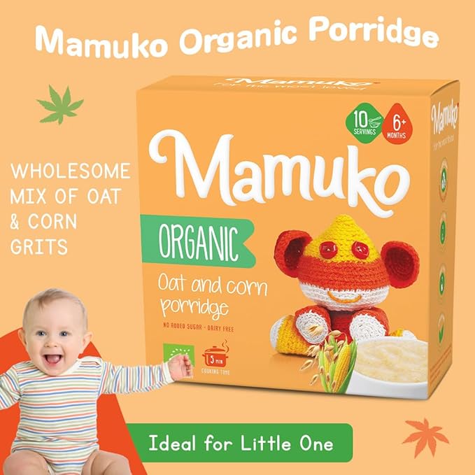 MAMUKO Organic Oat & Corn Grits Porridge - High Fiber Porridge with No Added Sugar, Milk & Preservatives - Vegan Porridge Ideal for Toddlers - (200g - 10 Servings)