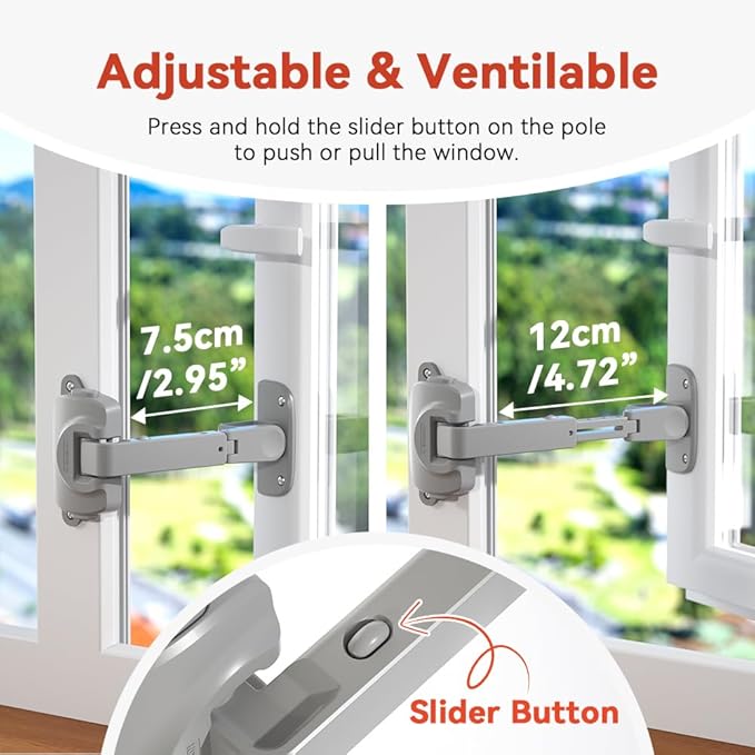 EUDEMON 2 Pack Updated Baby Window Safety Lock, Childproof Window Restrictor for UPVC, Adjustable Winodw Guard for Wooden, Metal Frames (Grey)