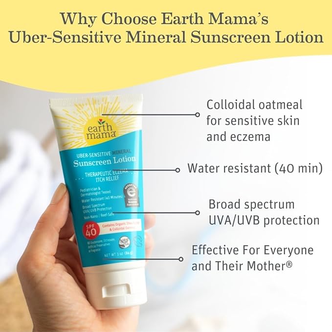 Earth Mama Uber-Sensitive Mineral Sunscreen Lotion SPF 40 | Non-Nano Zinc, Contains Organic Colloidal Oatmeal | Steroid-Free Eczema Cream for Baby, Kid & Family, 3-Ounce