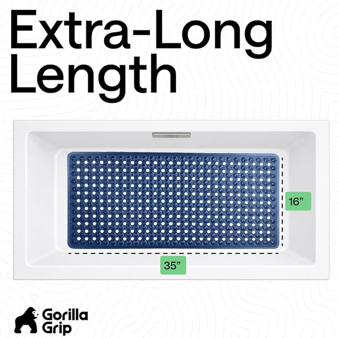 GORILLA GRIP Patented Bath Tub Shower Mat, Machine Washable Bathtub Floor Liner Mats, Suction Cups and Drain Holes to Keep Tubs Clean, Soft on Feet, Bathroom Essentials, 35x16 Inch, Clear Navy