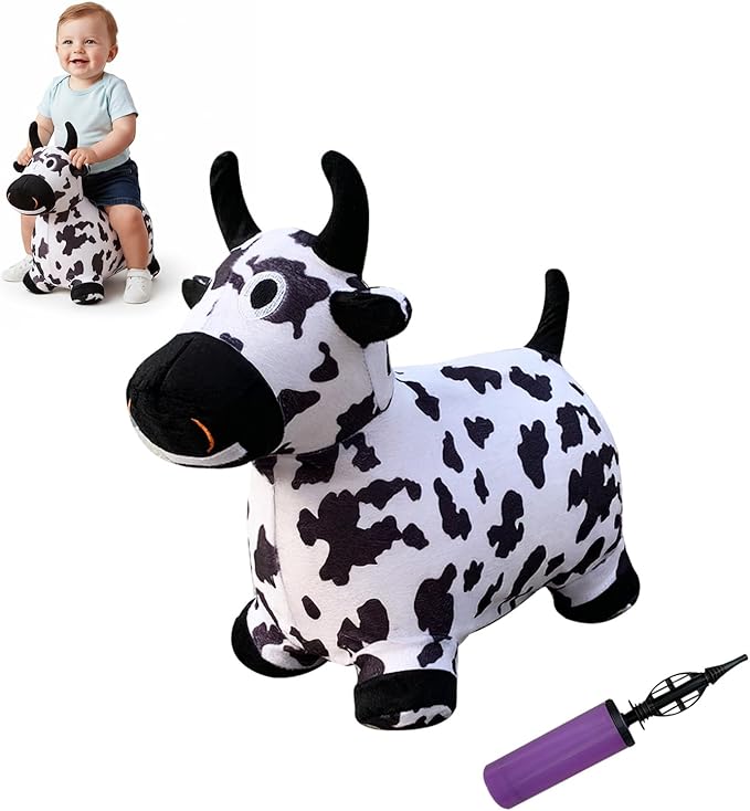 Inflatable Hopper Cow with Pump, Plush-Covered Bouncy Cow Seat for Indoor/Outdoor Use, Farm-Themed Décor and Photo Prop