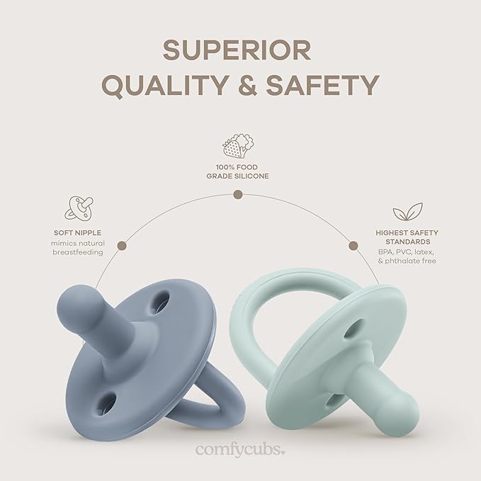 Comfy Cubs Baby Pacifiers, 5 Pack for 0+ Months - Soft Breast-Like Nipple Shape - CPSIA Compliant Silicone Pacifier for Newborns - Girl Pack Baby Essentials - Ideal Newborn Gift Set - Multicolor Boy
