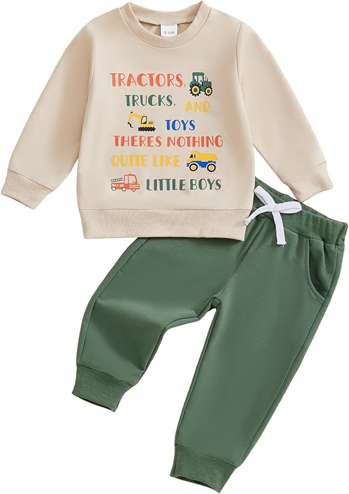 FOCUSNORM Toddler Baby Boy Fall Winter Outfit Excavator Embroidered Long Sleeve Sweatshirt Elastic Jogger Pant 2 Pcs Clothes