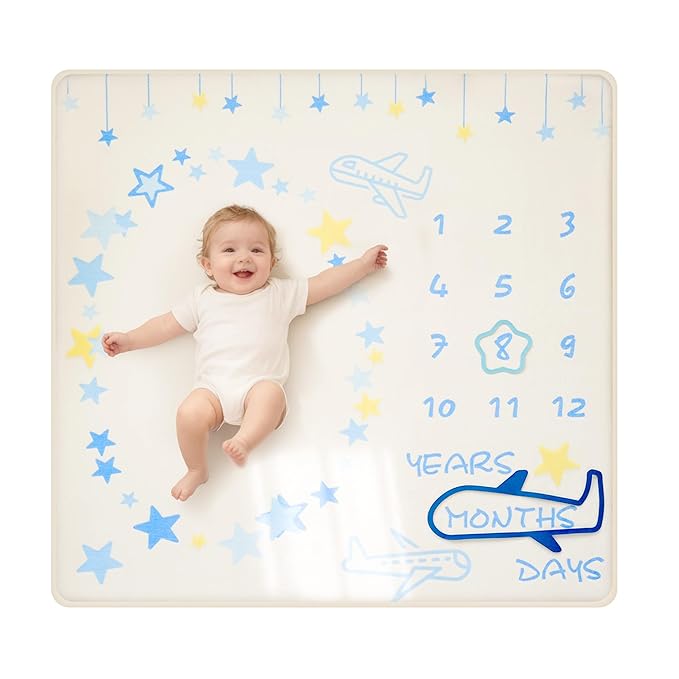 1.3" Thick Playmat for Floor, 50 x50 Monthly Milestone Mat, Padded Support Soft Plush Nursery Mat for Crawling Kick Activity, Flannel Photography Background Prop for Boys Grils