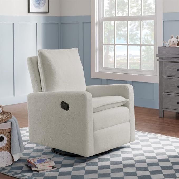 Oxford Baby Uptown Manual Upholstered Glider Recliner Rocking Chair 360° Swivel for Nursery and Living Room – Boucle White