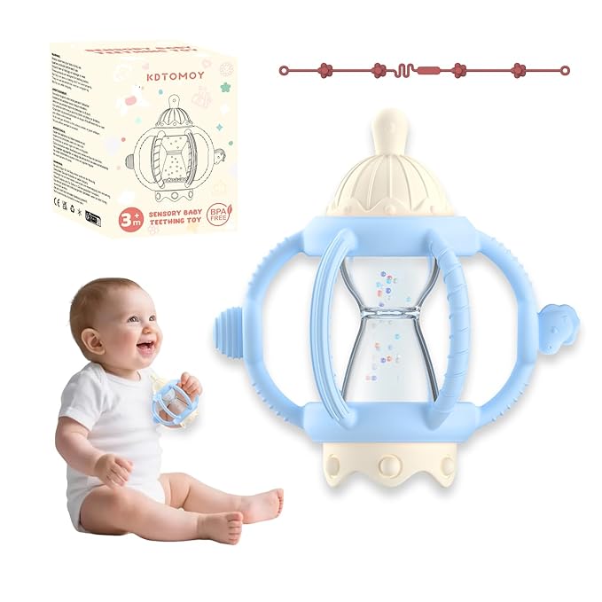 Teething Rattles for Babies 0-6 Months 6-12 Months, Silicone Rattle Teether with Pacifier, Baby Montessori Toys 6-18 Months, Infant & Toddler Molar Teething Relief, Boys Girls Essential Gifts (Blue)
